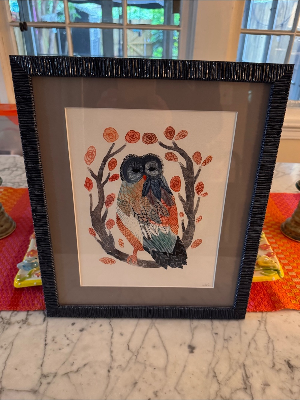 Owl watercolor in custom frame, like new.